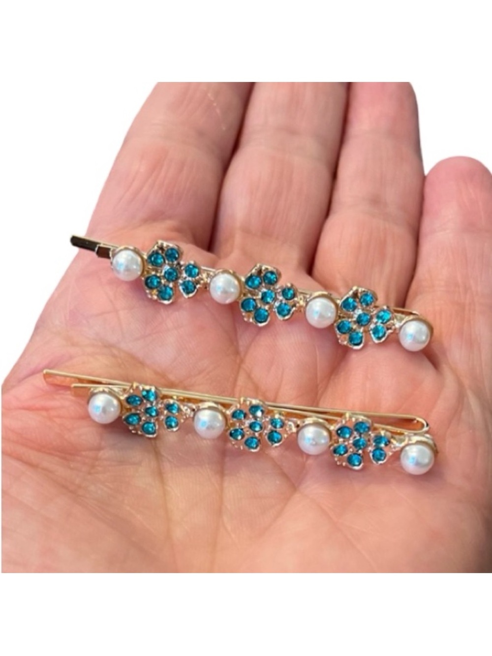 Elegant Teal Blue Crystal Rhinestone Gold Floral Hairpins 2.5”FINAL PRICE DROP
